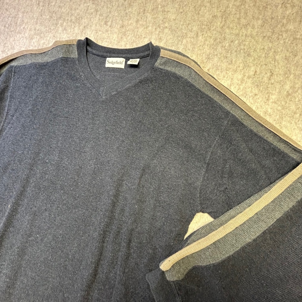 Vntg Sedgefield‎ Mens Dark Gray V-Neck Long Sleeve Sweater Striped Sleeves Large
